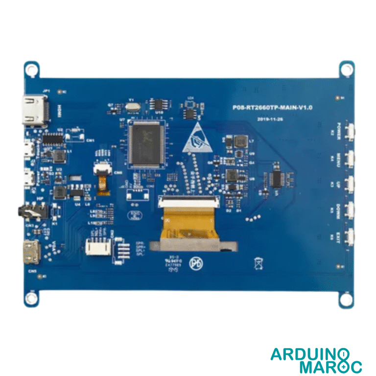 Image d'un afficheur LCD 7 pouces avec écran tactile capacitif pour Raspberry Pi et support.