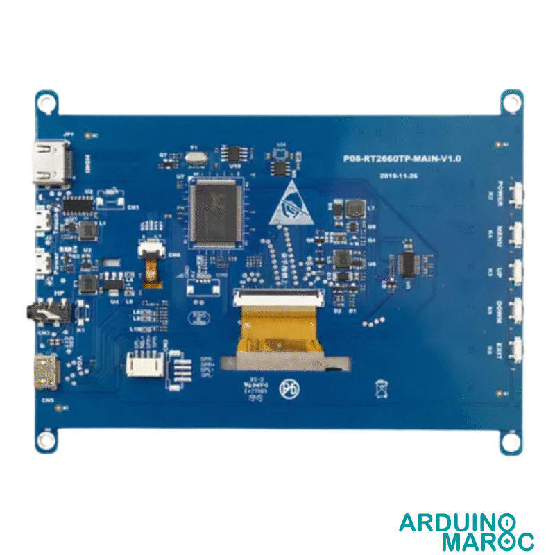 Image d'un afficheur LCD 7 pouces avec écran tactile capacitif pour Raspberry Pi et support.