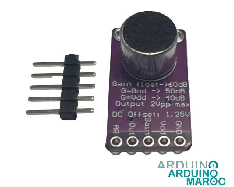 MAX9814 Amplificateur Audio À Microphone L'image présente le MAX9814, un amplificateur audio à microphone qui permet d'amplifier les signaux audio captés par un microphone. Ce composant électronique est largement utilisé dans les applications de reconnaissance vocale, de traitement audio et de communication, et peut être utilisé avec différents types de microphones.
