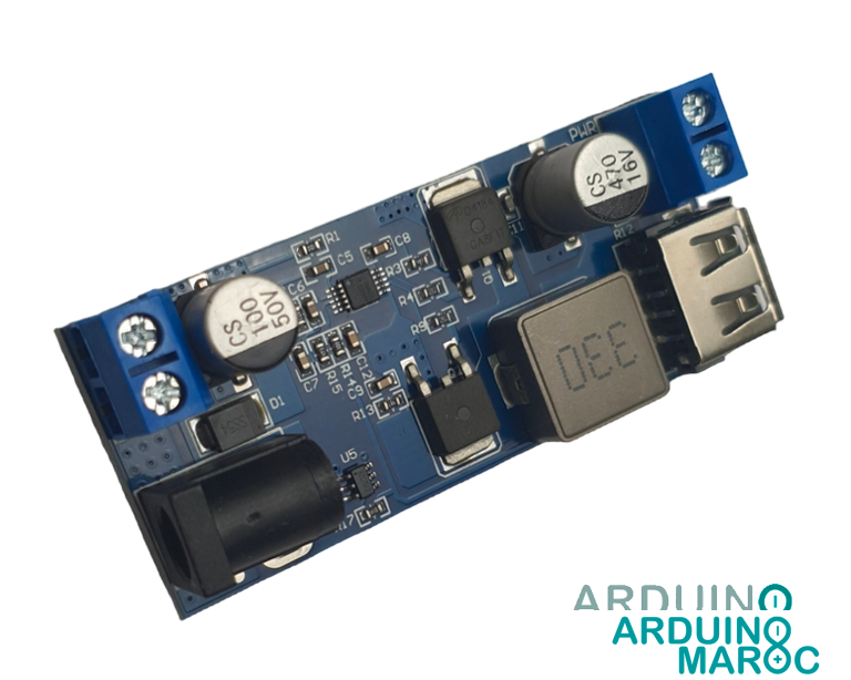 Image du module d'alimentation DC-DC XY-3606 pour convertir une tension d'entrée de 24/12V en une tension de sortie de 5V à 5A avec un boîtier en aluminium solide.