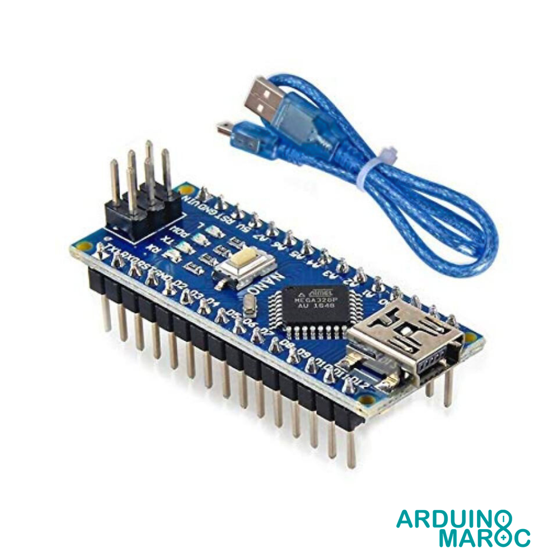 Arduino-Nano-avec-cable-USB.png Arduino Nano Carte Microcontrôleur ATmega328P USB – Image 1